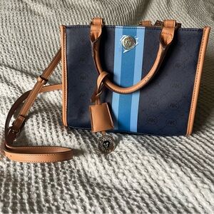 ❌SOLD❌ Anne Klein Blue and Tan Logo Varsity Crossbody with Detachable Strap